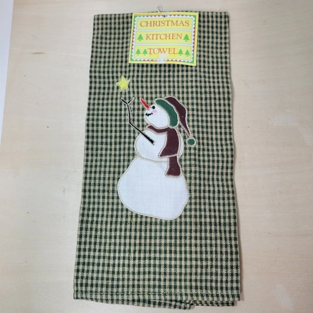 Christmas Kitchen Towel Snowman Embroidered Green Plaid Holiday Decor New